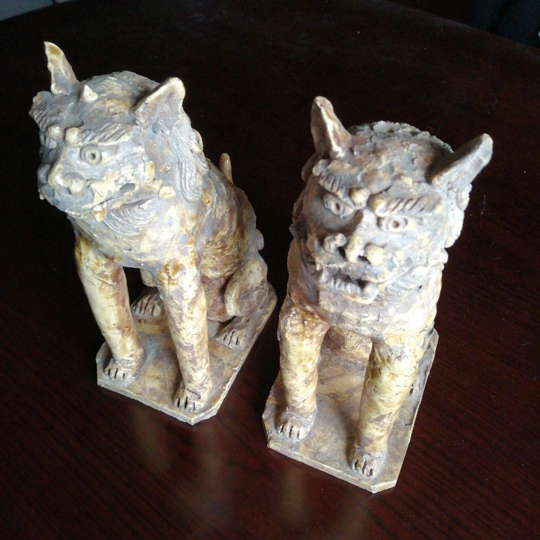 瀬戸焼　黄瀬戸狛犬　25cm　江戸初期～後期