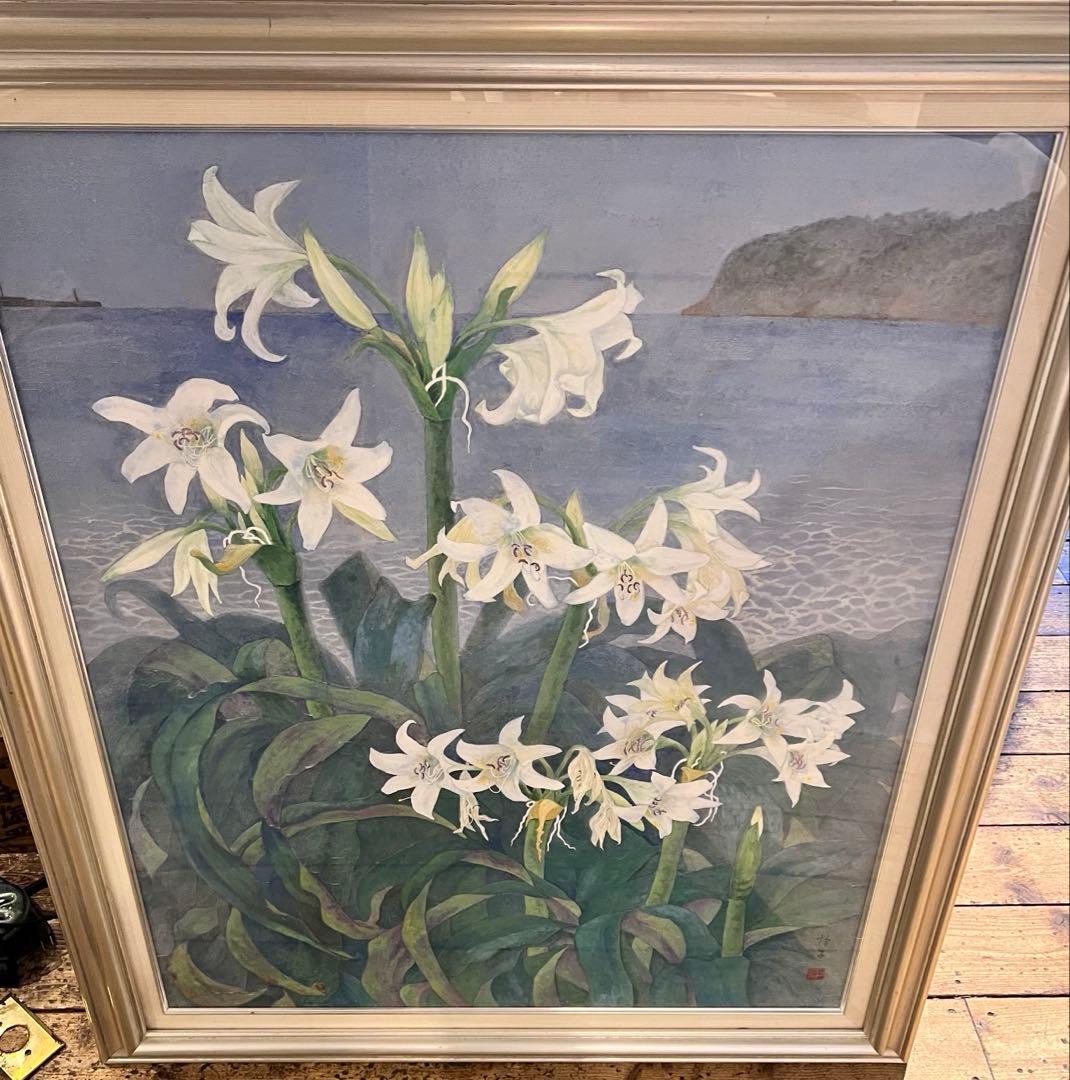 百合　ユリの花 水彩画　はまゆう　シルバーフレーム　40号　壁掛け