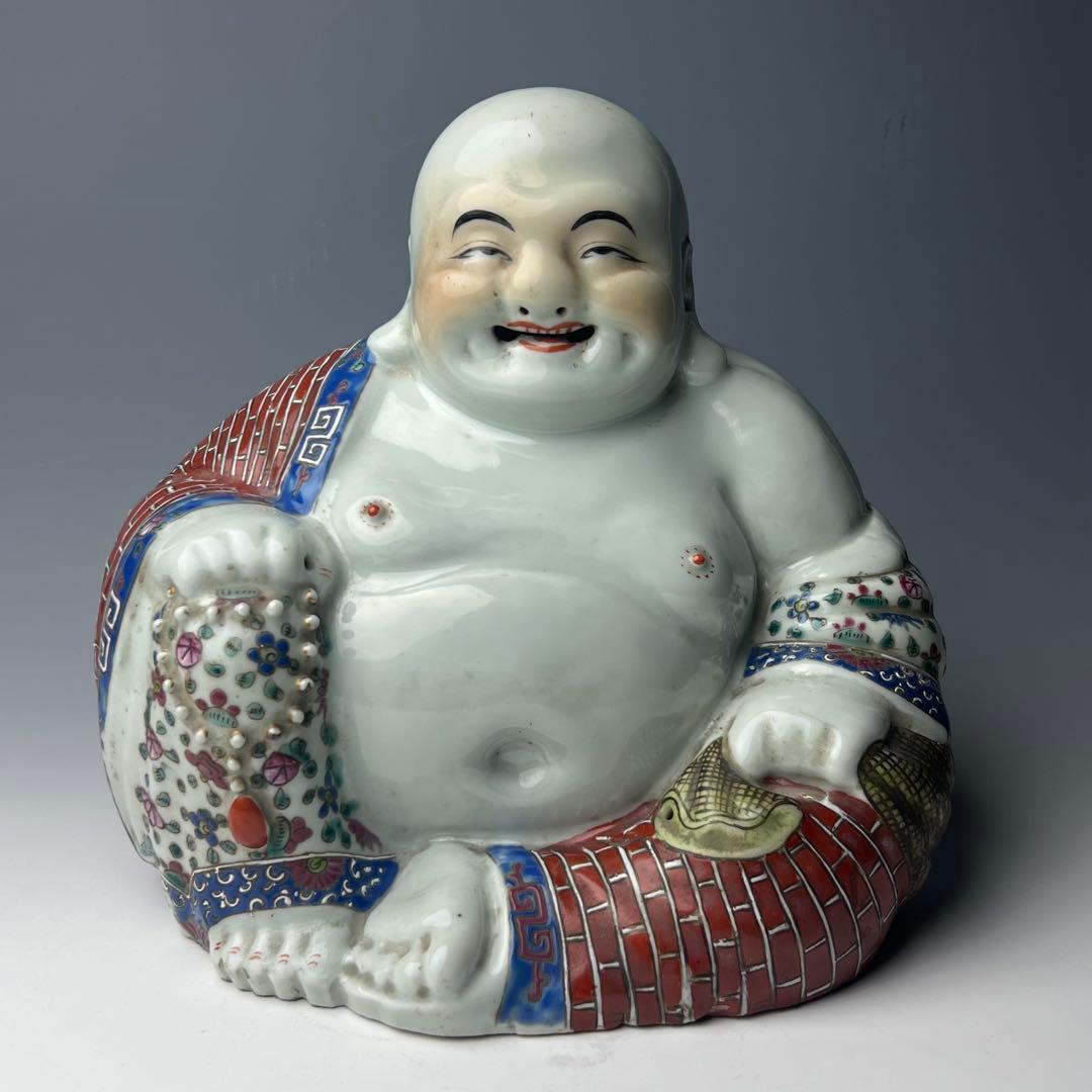 優美 粉彩布袋 江西景徳 朱茂記造 底款 色絵 布袋像 座布団付 仏教中国美術