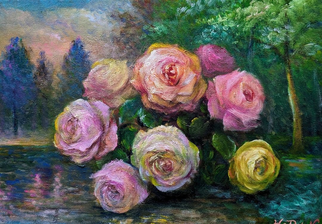 画家haru☆油彩画☆湖面に咲く薔薇No1☆F４号.真作、原画、一点物。