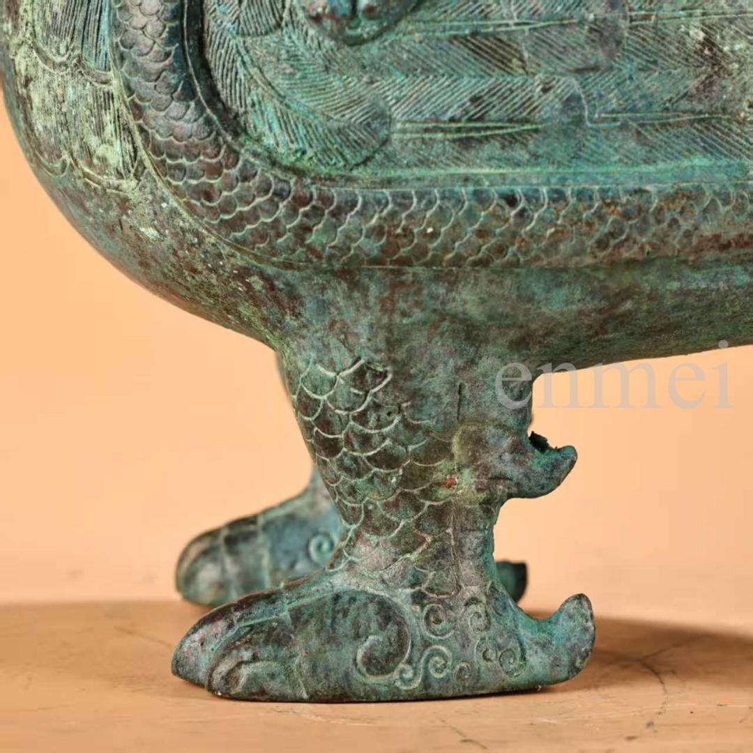 中国古美術・珍品旧藏・青銅製提梁鳥壺・鋳造・鏨刻・純銅製・酒具・風水開運・置物