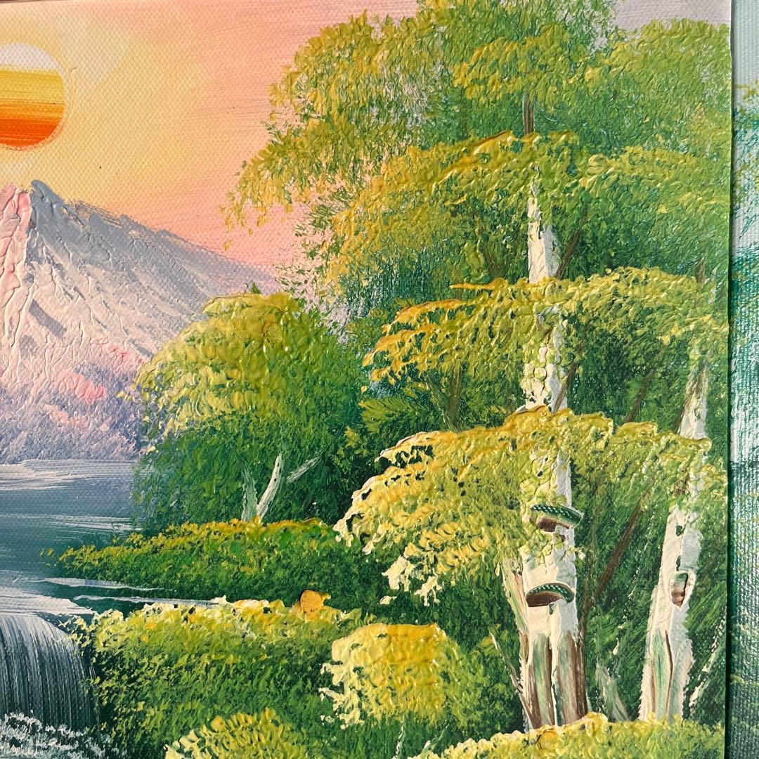 手書き油絵 ３枚組 朝日と山河 額付 額付き 絵画 インテリア 油彩画