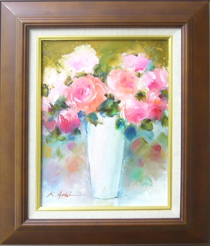 絵画 肉筆油絵 青木今陽 静物画 ピンクの薔薇