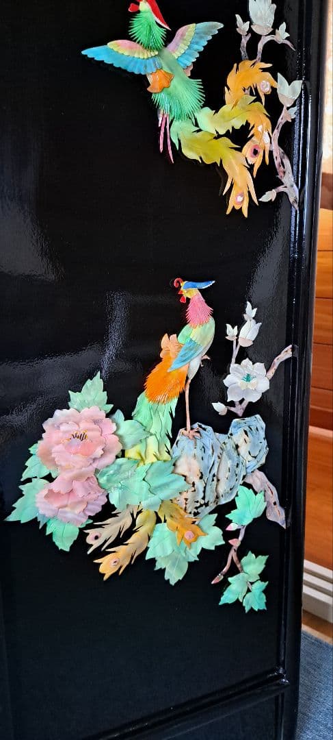 アンティーク骨董品 螺鈿細工 貝細工 花鳥風月 パーティション 屏風 漆塗り
