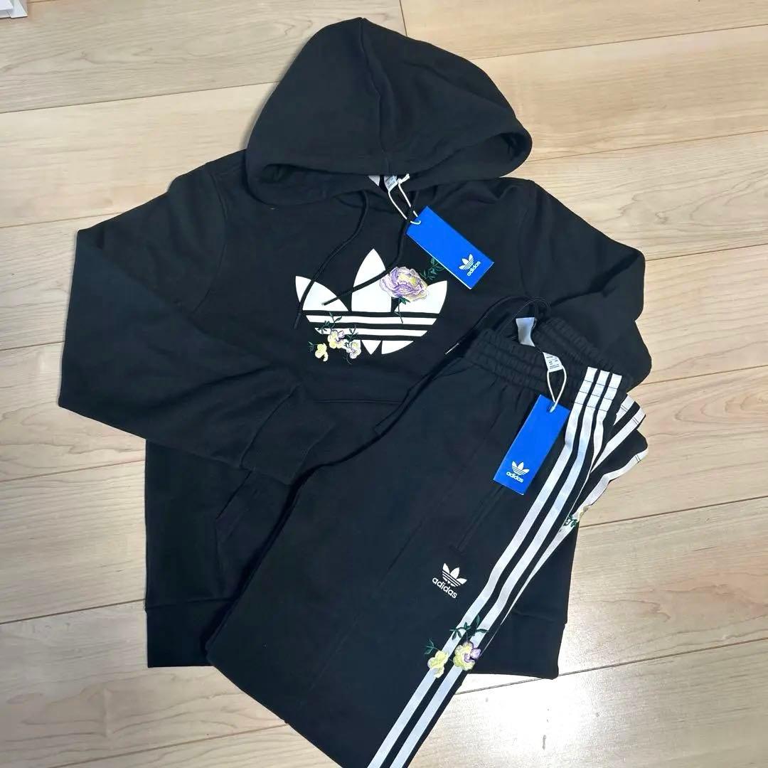 adidas 黒 フラワー刺繍 L セットアップ　新品