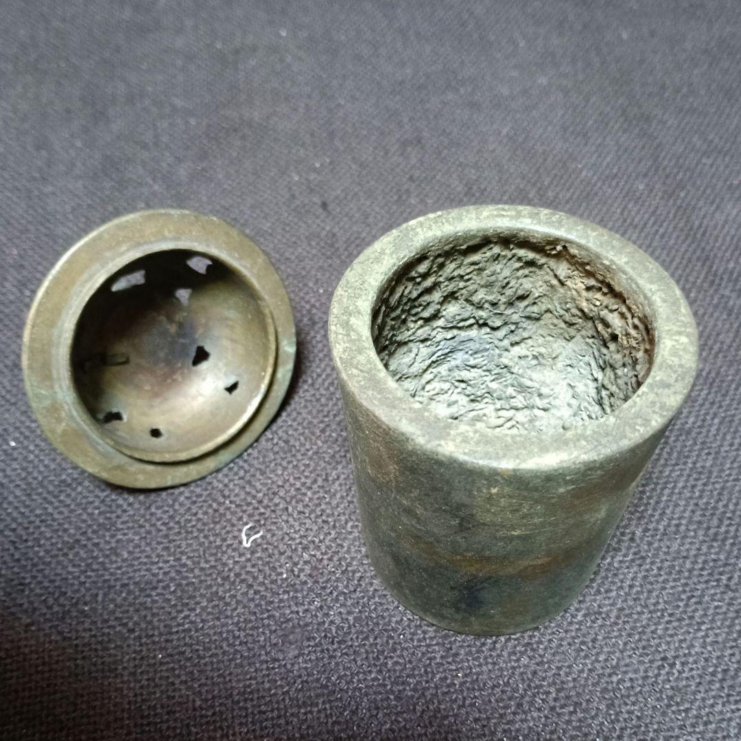 香炉　麒麟の彫刻　円筒型　古銅　金工　:アンティーク　骨董　ア17