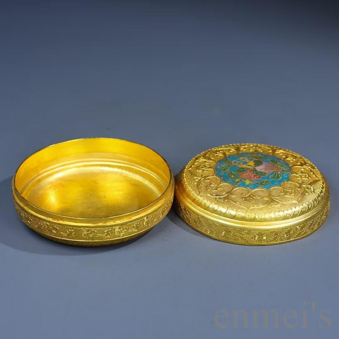 中国古美術 鍍金 純銅製 首飾箱 鏨刻工芸 掐絲七宝 小物入 観賞用 細密細工