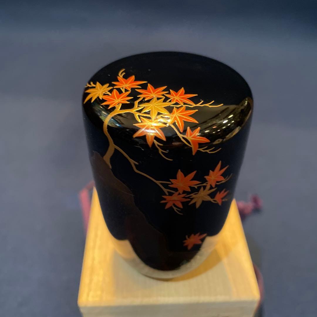 【竹内 幸斎】(造)『紅葉蒔絵の細棗』共箱　※美品 茶道具「棗」
