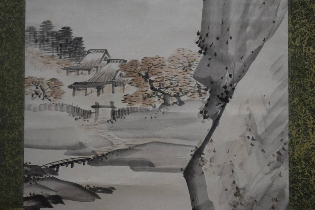 真作/月秋/秋景山水図/布袋屋掛軸HE-229