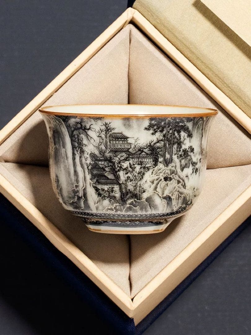 山水画 陶器 茶碗 専用箱付き
