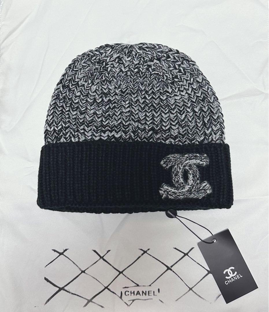 CHANEL リブ編みビーニー ブラック/グレー新品