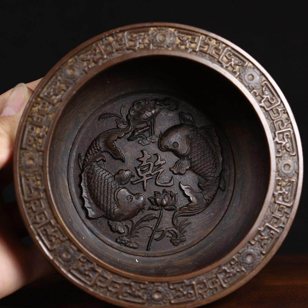 銅 細工 彫刻 乾坤聚宝盆 福禄寿喜 双魚紋飾 工芸品 美術品 置物