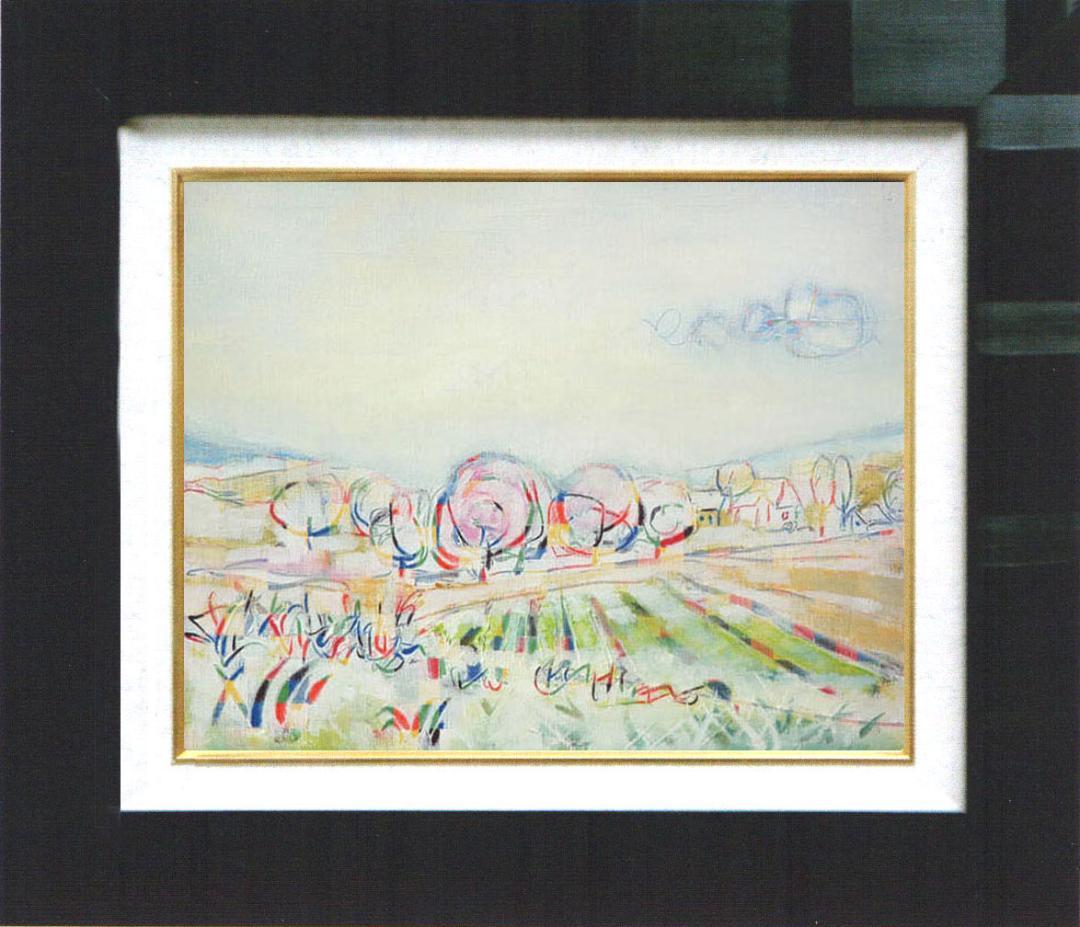 絵画 インテリア 絵 額付(黒) 油絵 F4-080311 風景 畑と木