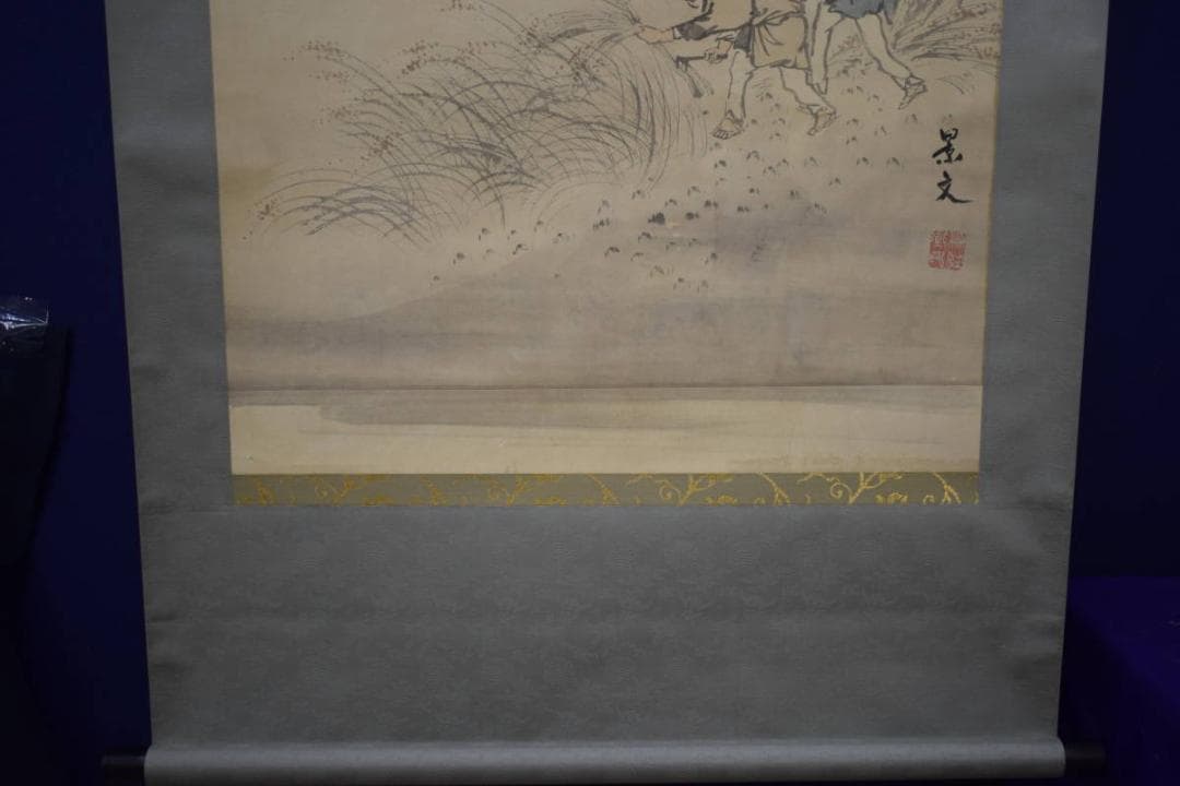 真作/景文/人物収穫図/農耕図/布袋屋掛軸HI-57
