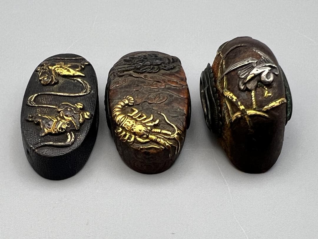 【海】江戸明治期　日本刀装具　獅子　蝦図　金象嵌　縁頭　3点　骨董品　美術品