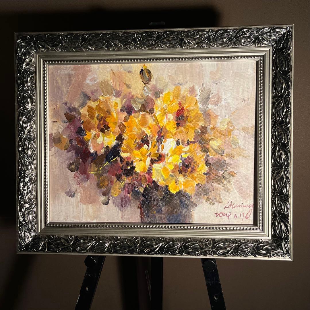 ★秀作★ 手書き油絵 花瓶の花 額付 絵画 インテリア 油彩画