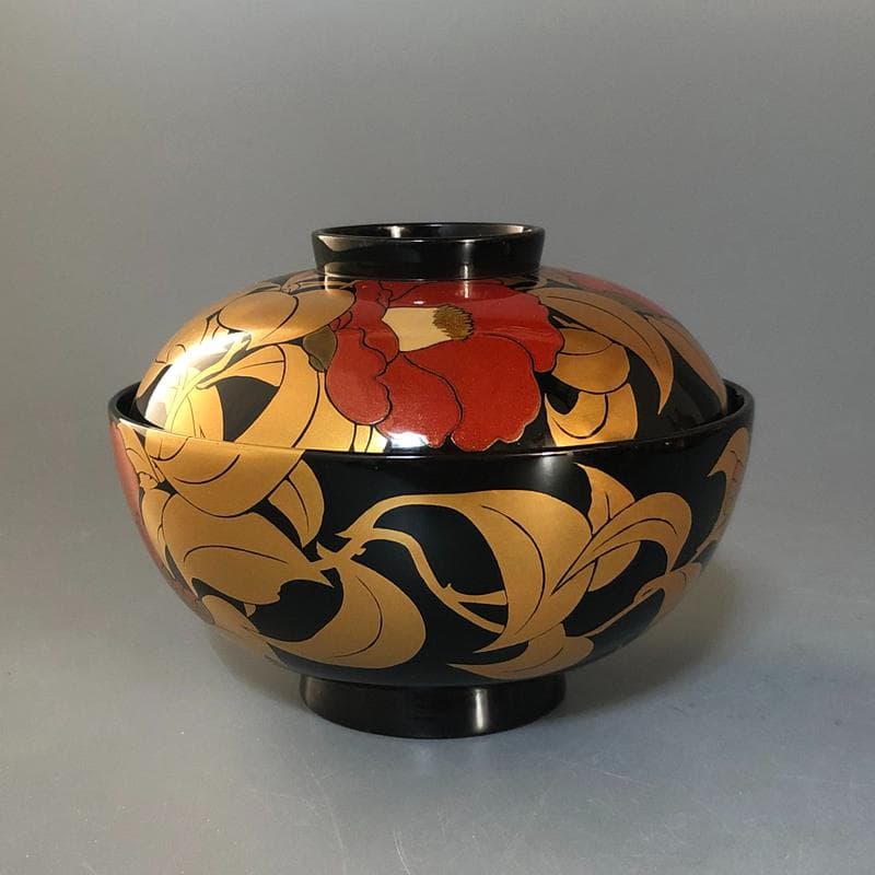 ◆506◆椿蒔絵　仙才吸物椀　木製漆器 平安堂 造 己ん典 作　五客