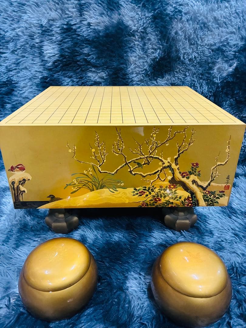 【野畑直子】作 金地漆絵四季花鳥図碁盤 碁笥 本蛤那智黒碁石 約42x45cm