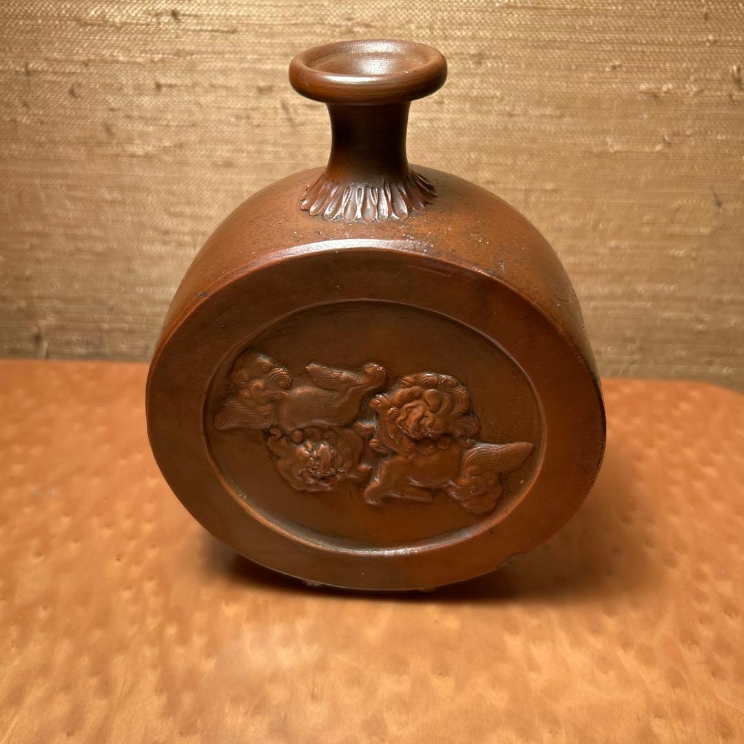骨董　備前焼陽刻獅子文徳利