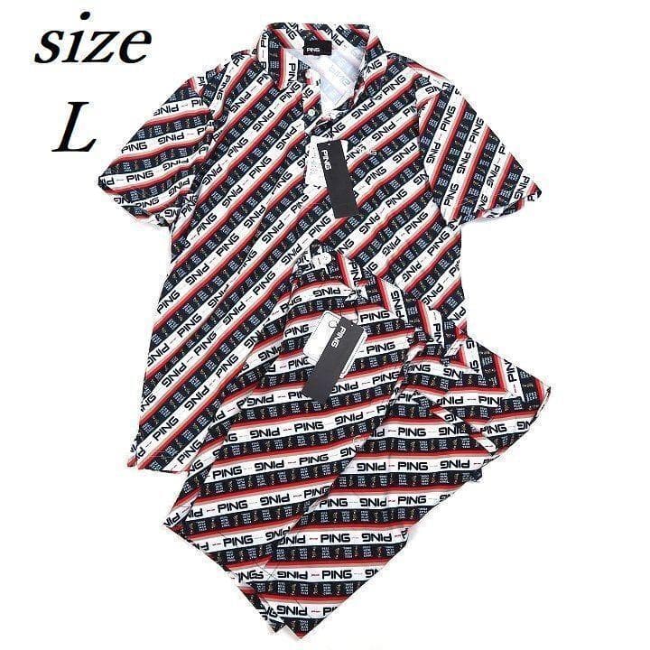 新品 ピン ゴルフ 上下セット 総柄ロゴ ポロシャツ ハーフパンツ レッド L