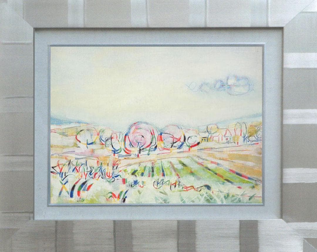 絵画 インテリア 絵 額付(銀) 油絵 F4-080311 風景 畑と木