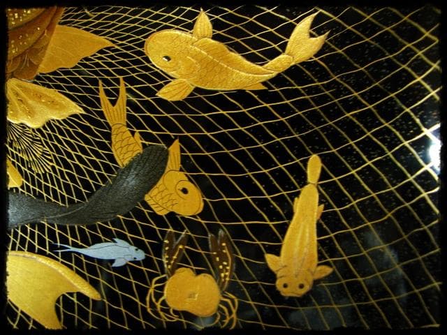 時代物 網魚蒔絵手付盆 菓子器 茶道具 c522