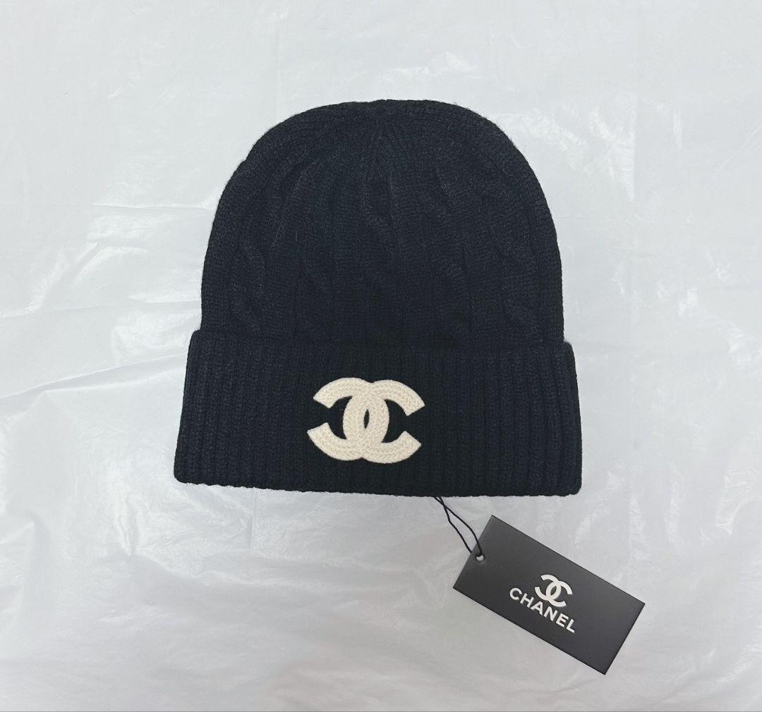 CHANEL ネイビー ケーブル編み ニット帽ブラック