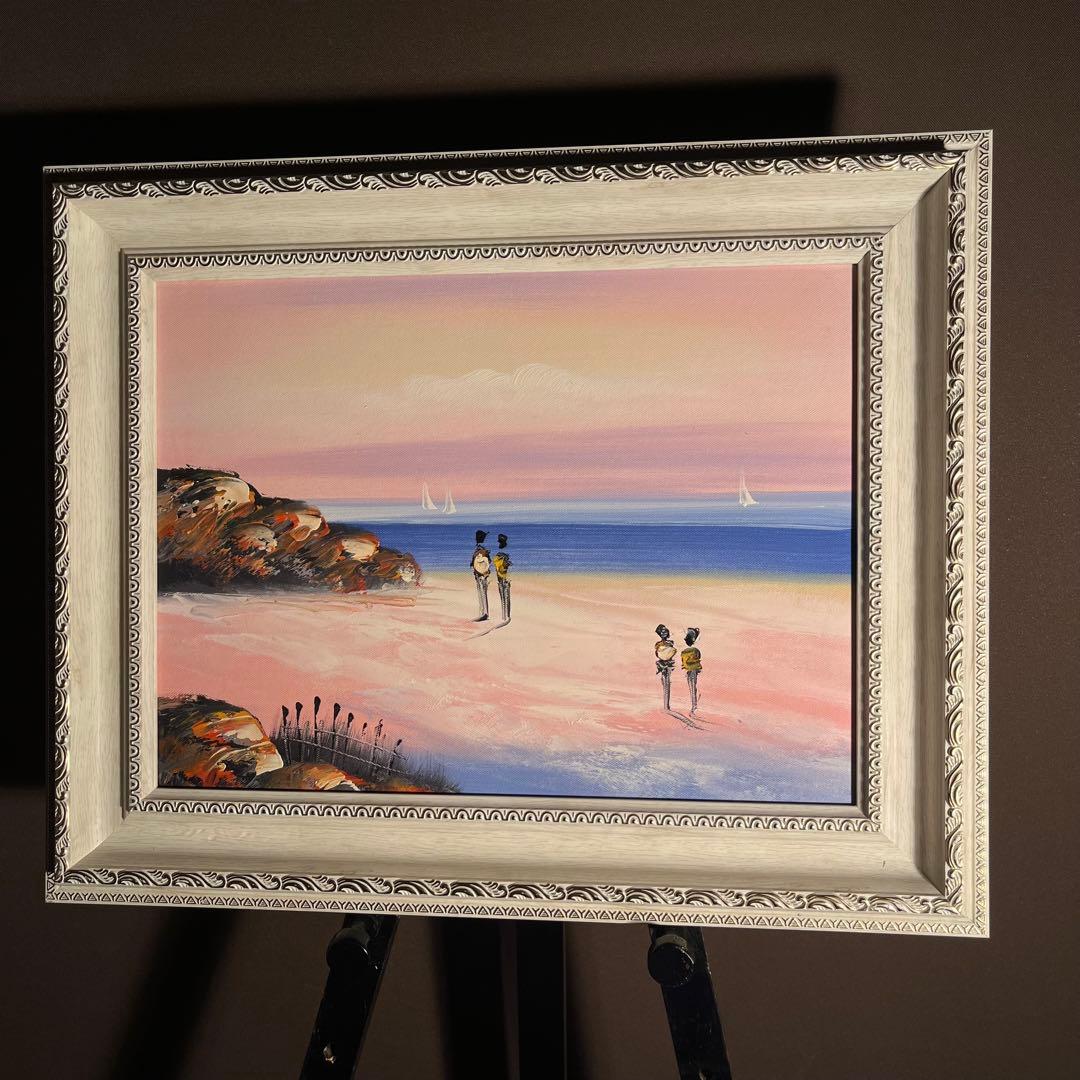 手描き油絵 夕暮れの海岸 額付 肉筆絵画 インテリア 油彩画