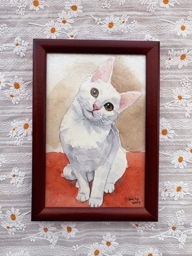 猫の絵 377 水彩画 原画 白猫 ポストカードサイズ