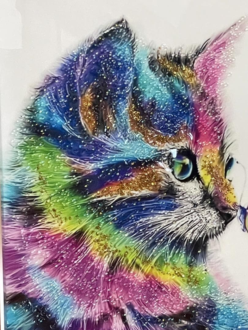 水晶絵　猫　ネコ　キャット　カラフル　アニマル　アートパネル　絵画　ペイント　絵