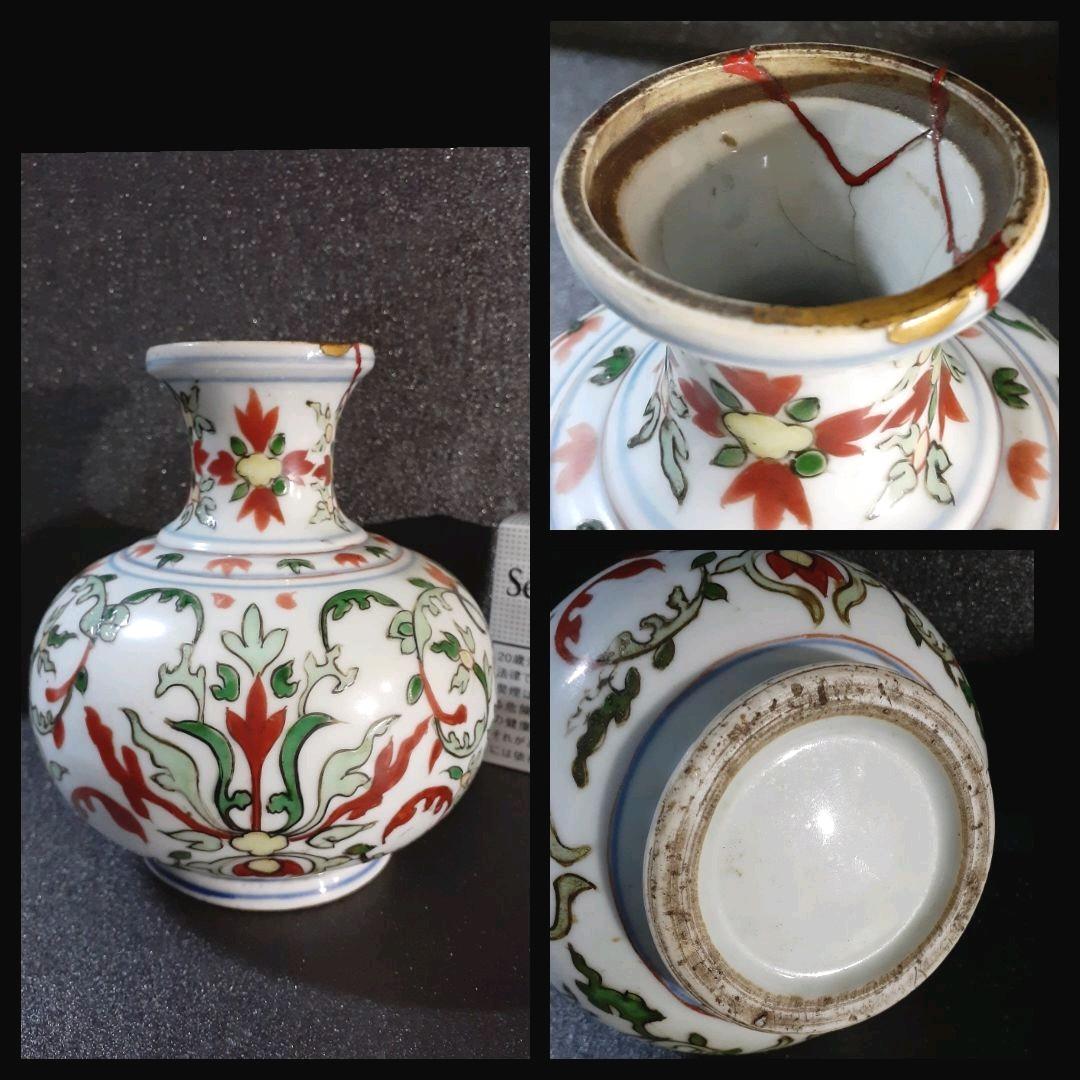 中国古美術　古玩　明朝　古赤絵　天啓赤絵　五彩　花図　瓶　花瓶　胴継ぎ有り
