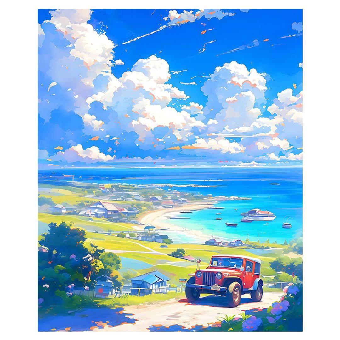 風景画 青空と海と車