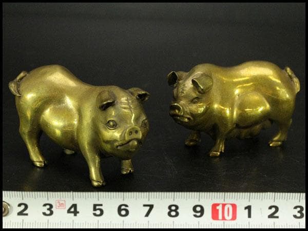 中国美術 銅 猪 一対 縁起物 7.8cmx3cm(LC537)