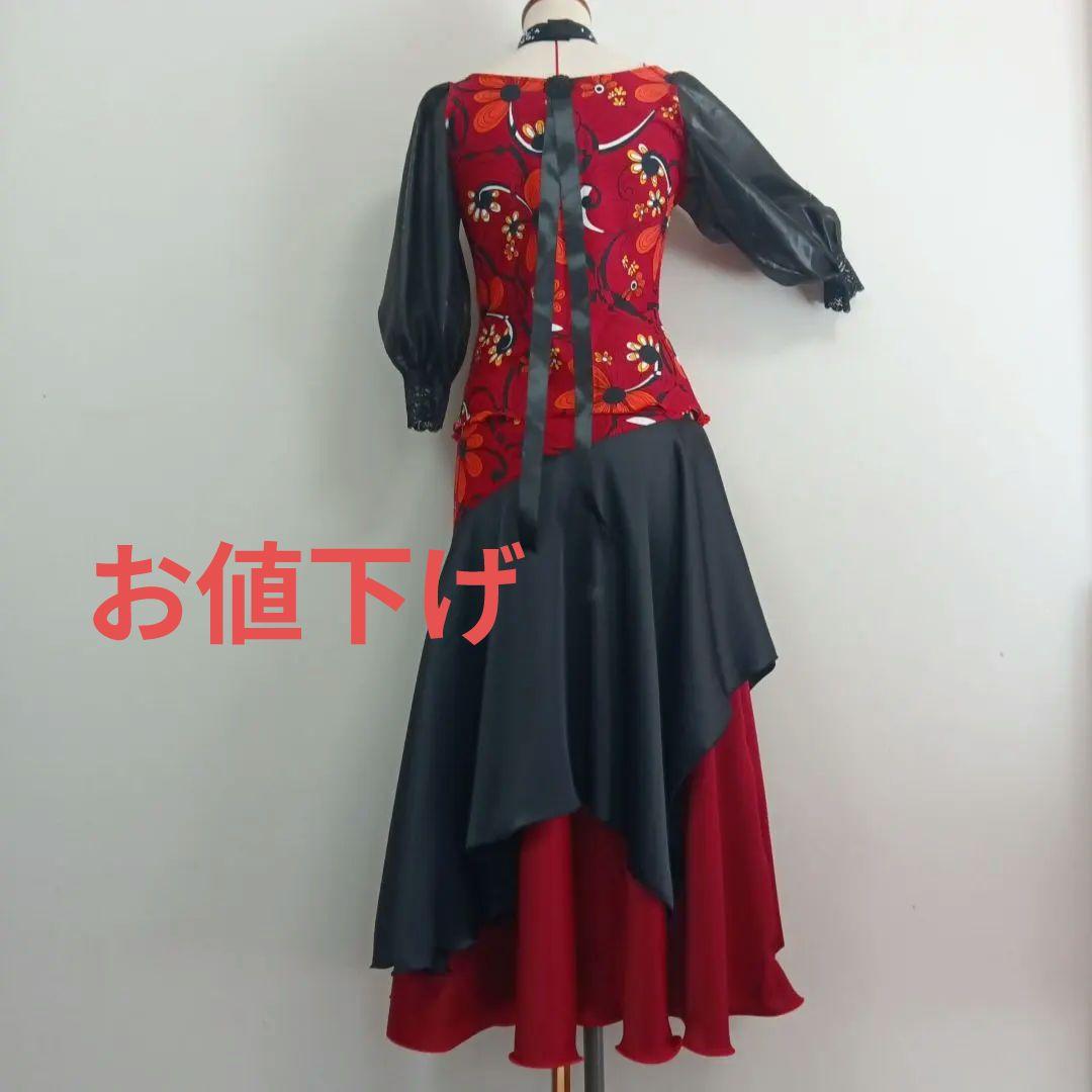 お値下げ　ハンドメイド　深紅色　社交ダンスドレス　セットアップ　トップススカート