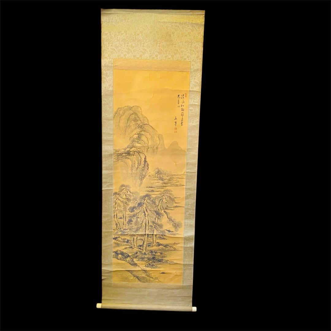 春翠筆　墨山水図　掛軸　絹本