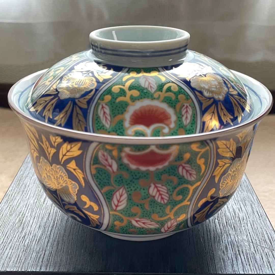 【未使用】前畑陶器 庫山窯 緑金唐草 御碗揃 蓋付 5客 小丼碗 【廃盤品】