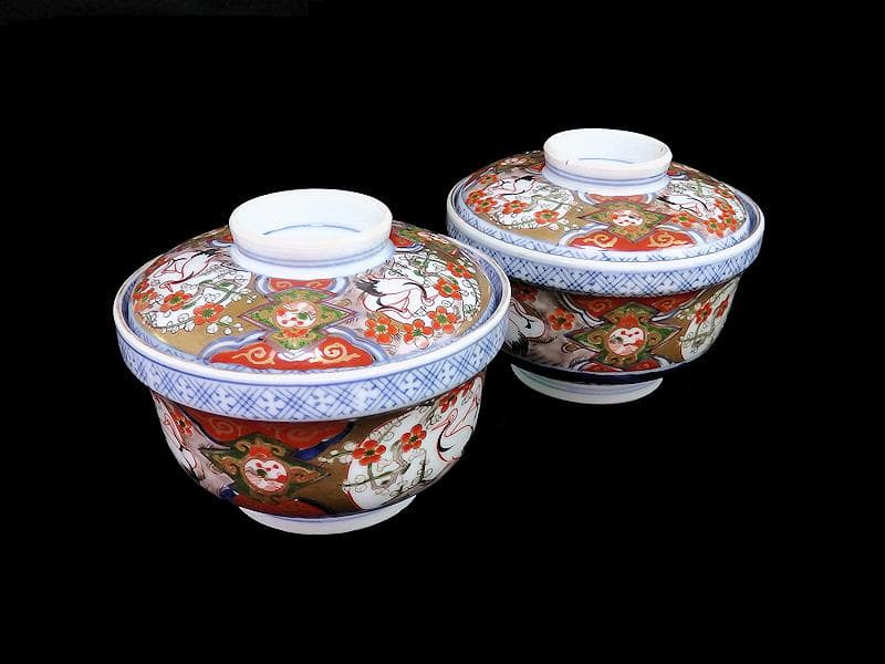 古伊万里　金襴手　双鶴に梅花の図　大振蓋茶碗　2客　D747AS-CHr