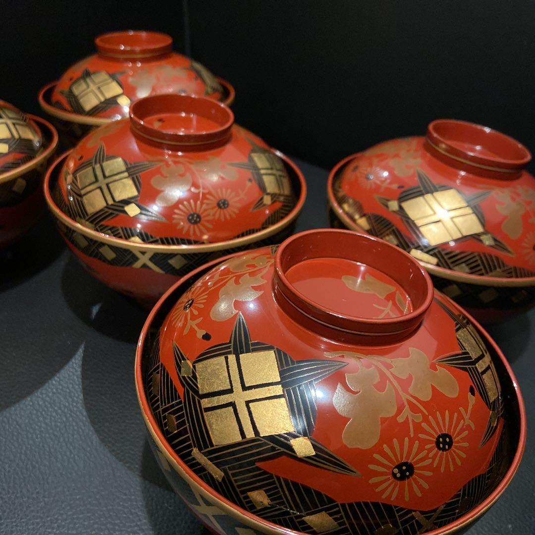 輪島塗 吉野絵蒔絵 吸物椀 共箱 美術漆器 布着本堅地 三幸堂 5客セット