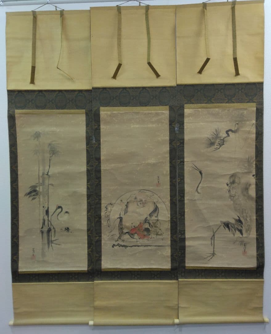 狩野融川【寛信】紙本　三幅 掛軸（江戸　鶴　布袋　唐子　古画）