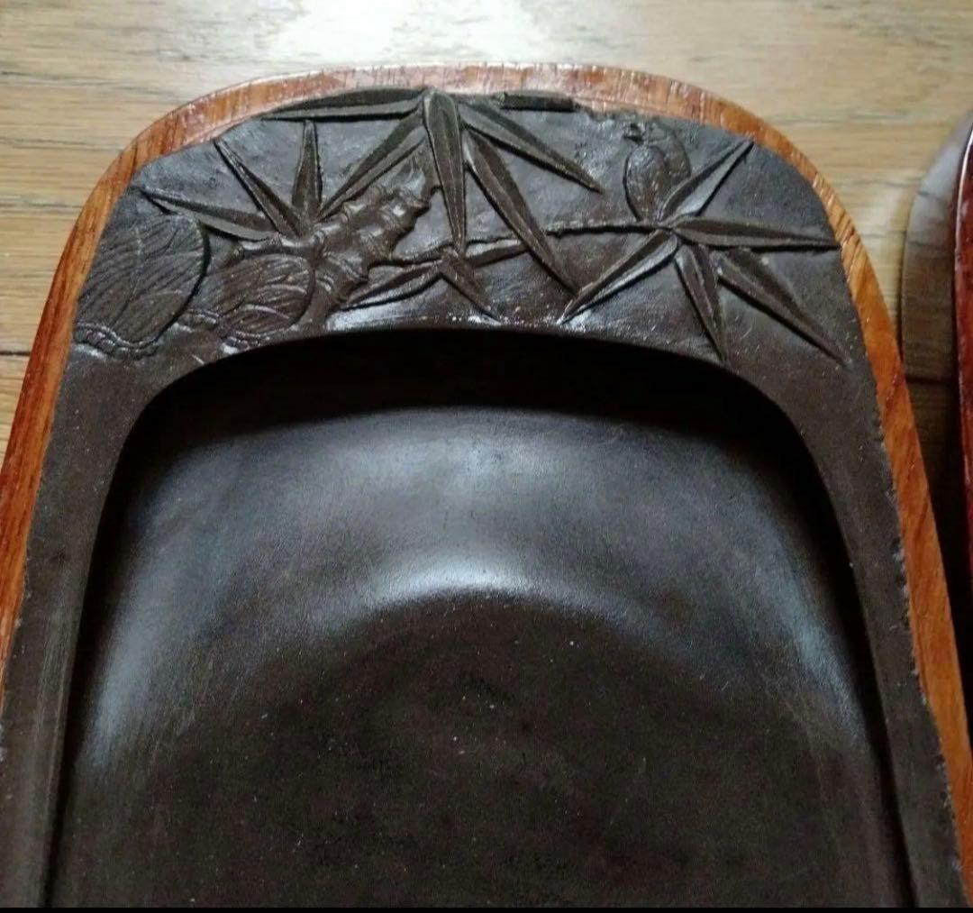 中国骨董大きめ端州石硯【中国端渓梅花坑四辺細工彫刻梅鶯図貴重紫端古硯】唐木硯箱付