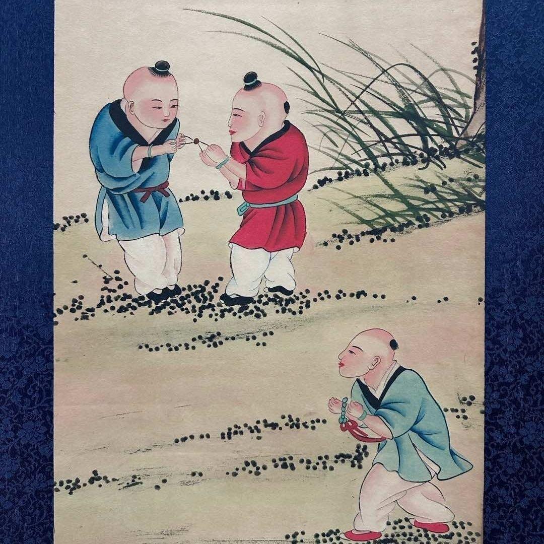 唐寅 童戏図 四条屏 掛け軸セット 証書付き／宣紙／装裱済み／中国美術