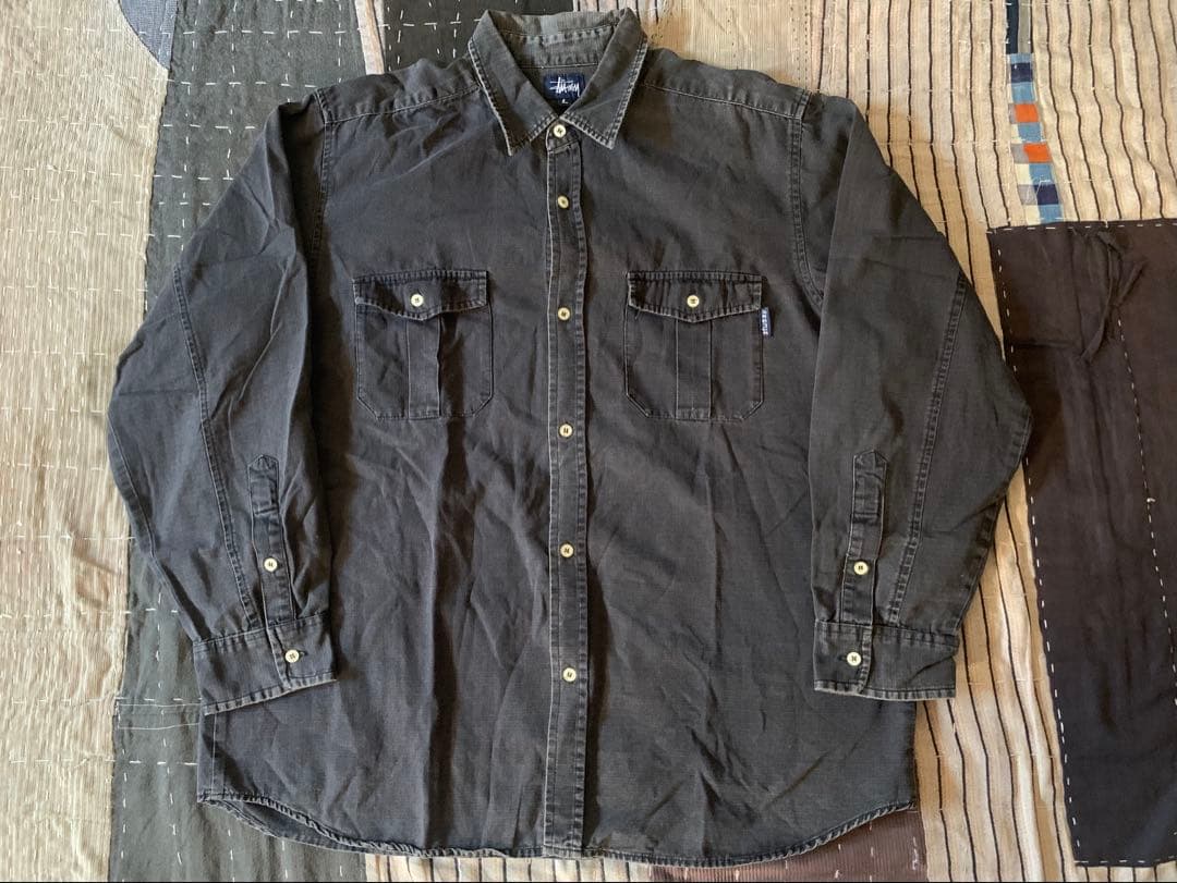 90s old stussy vtg リップストップ シャツ ブラック フェード