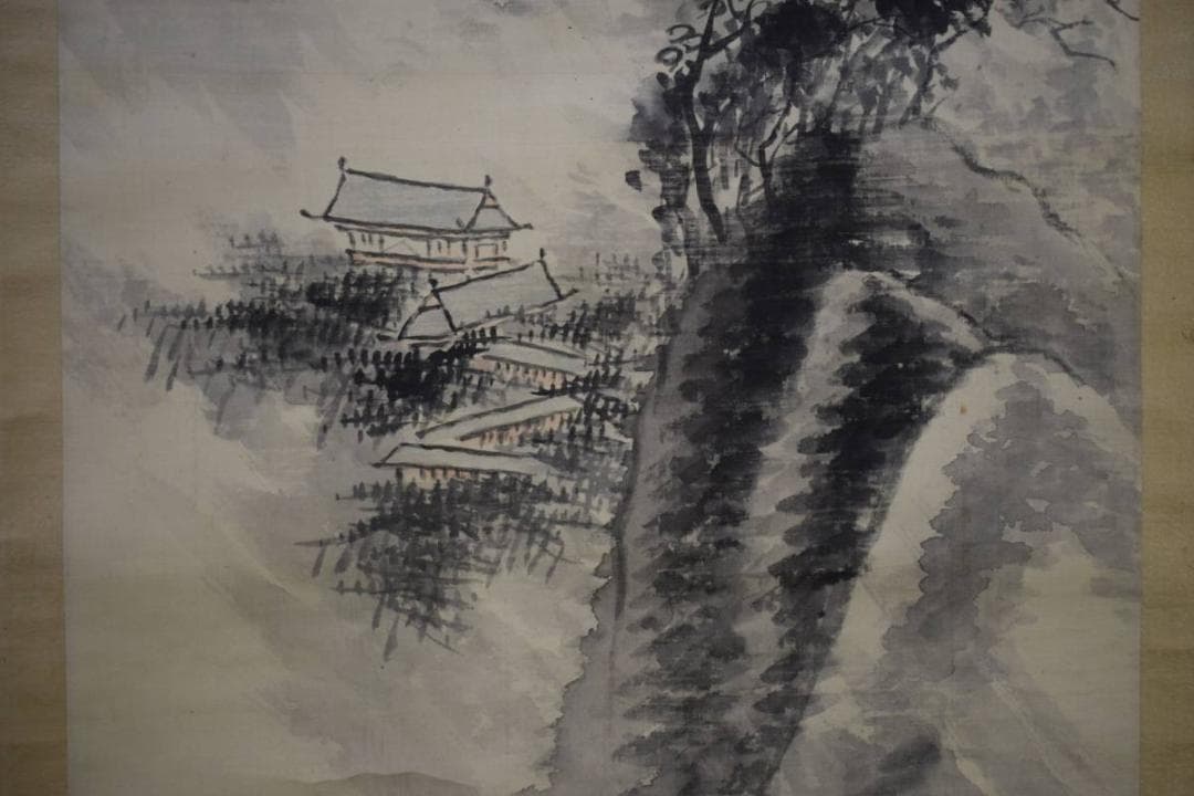 真作/杉渓六橋/風雨松寺図/山水画賛/布袋屋掛軸HE-542