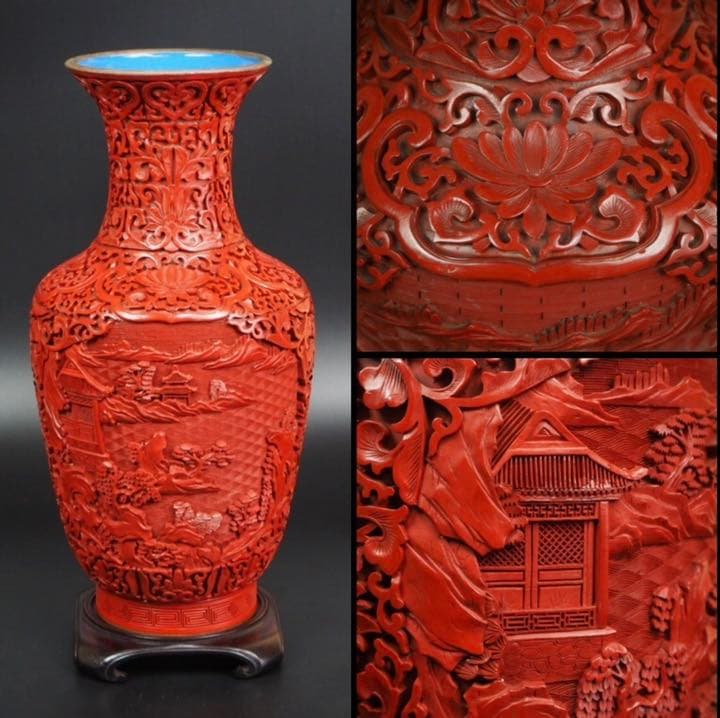 送料無料極上品　細密山水楼閣彫堆朱花瓶 紫檀台付 　全高さ40ｃｍ　中国古玩