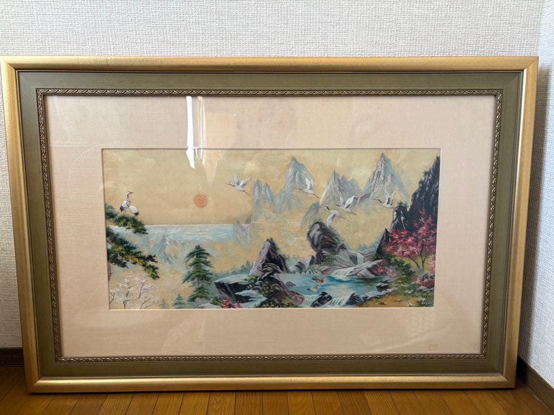 北朝鮮作家　刺繍絵　風景画　額縁付