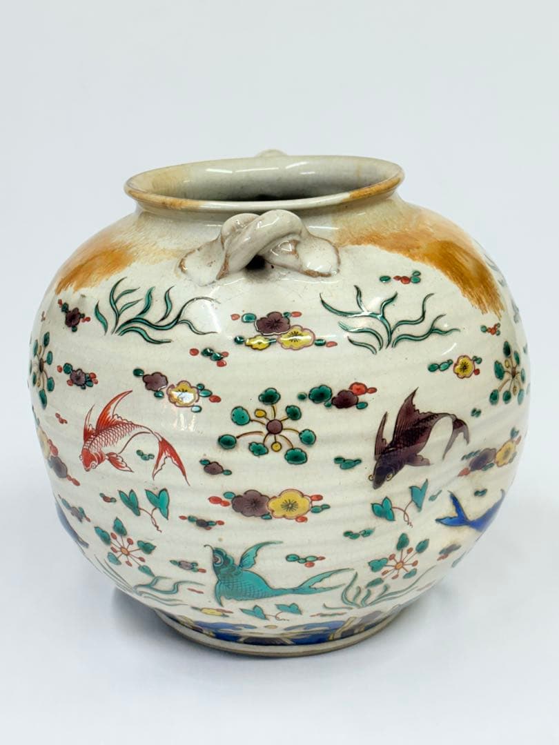 清末〜民国期 中国 景徳鎮 色絵鯉文 双耳 壺 花瓶 古美術 五彩 陶芸