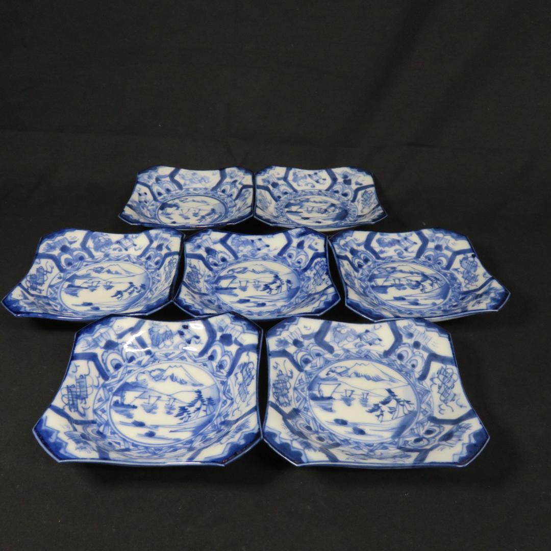 小皿 7枚 富士山 染付 古伊万里 山水 巻物 角皿 変形皿 江戸　バラ売り可