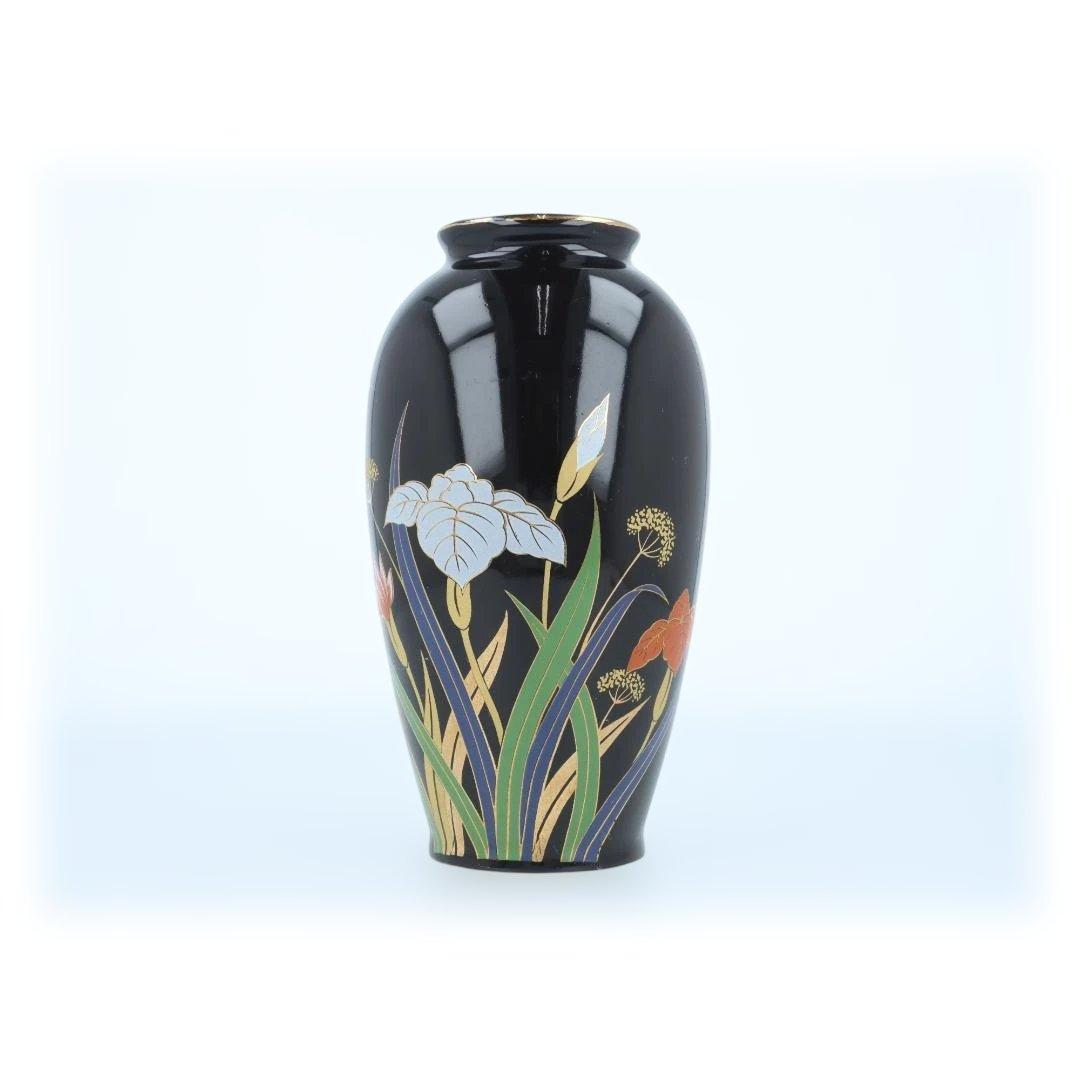 【美品】黒地 花柄 金彩 花瓶 陶器 インテリア 和洋兼用