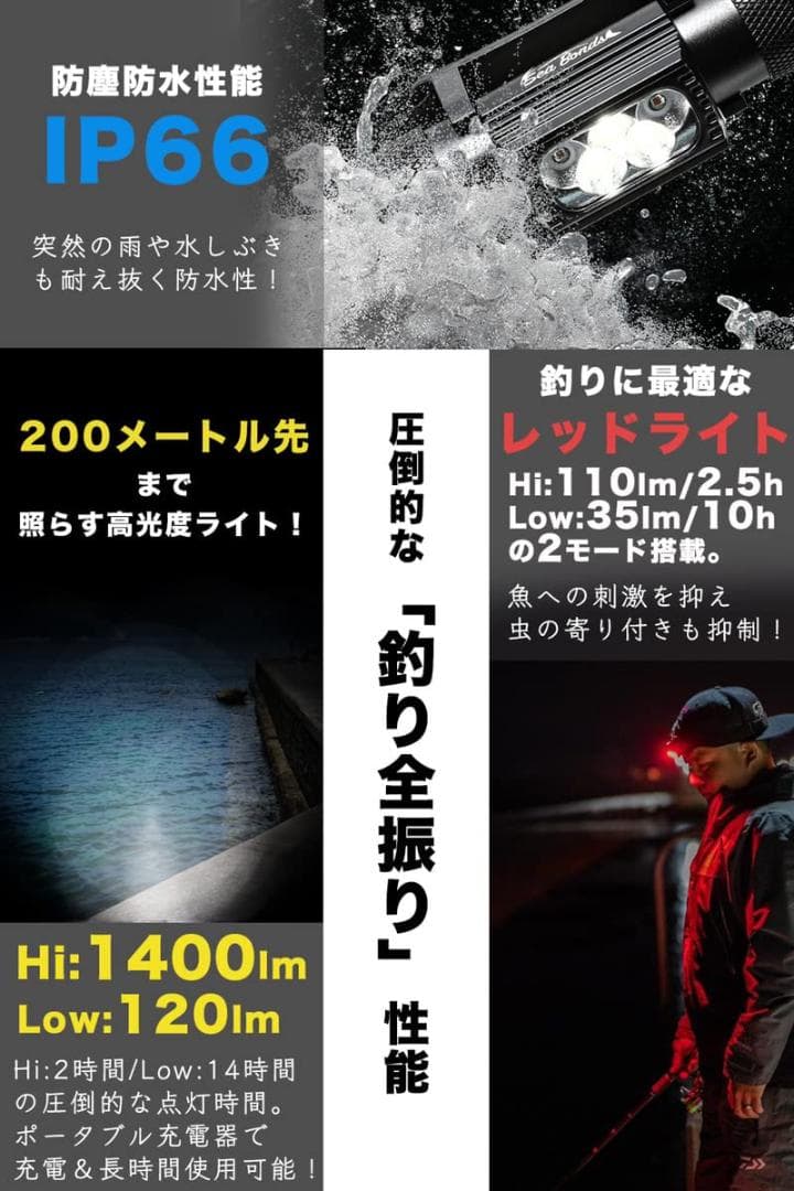 釣り 防水機能搭載 首掛け ヘッドライト 魚への刺激を抑える