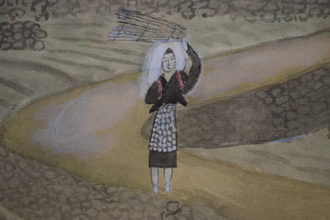 真作/一竹山人/山水/大原女図/農村夫人/布袋屋掛軸HJ-786